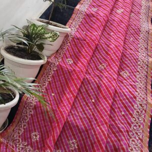 Pure Kota Silk Pink Leheriya Saree with Peeta Hand Embroidery & Ornate Border | Boutique Sleeve Blouse