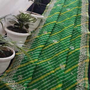 Pure Kota Silk Green–Yellow Leheriya Saree with Peeta Hand Embroidery & Heavy Designer Border | Boutique Sleeve Blouse
