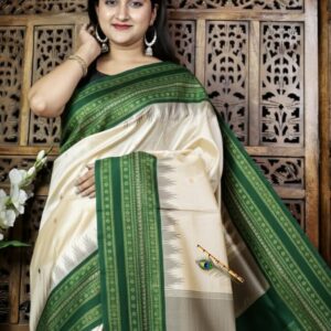 Handwoven Premium Beige Tussar Silk Saree with Elegant Bottle Green Traditional Border & Rich Ethnic Pallu | Festive & Wedding Wear | Free Size with Blouse Piece