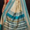 Handwoven Premium Beige Tussar Silk Saree with Elegant Teal Blue Traditional Border & Rich Ethnic Pallu | Festive & Wedding Wear | Free Size with Blouse Piece