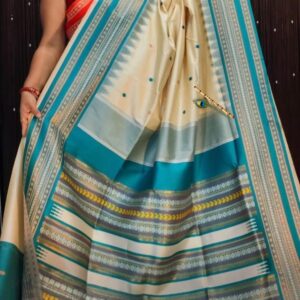 Handwoven Premium Beige Tussar Silk Saree with Elegant Teal Blue Traditional Border & Rich Ethnic Pallu | Festive & Wedding Wear | Free Size with Blouse Piece