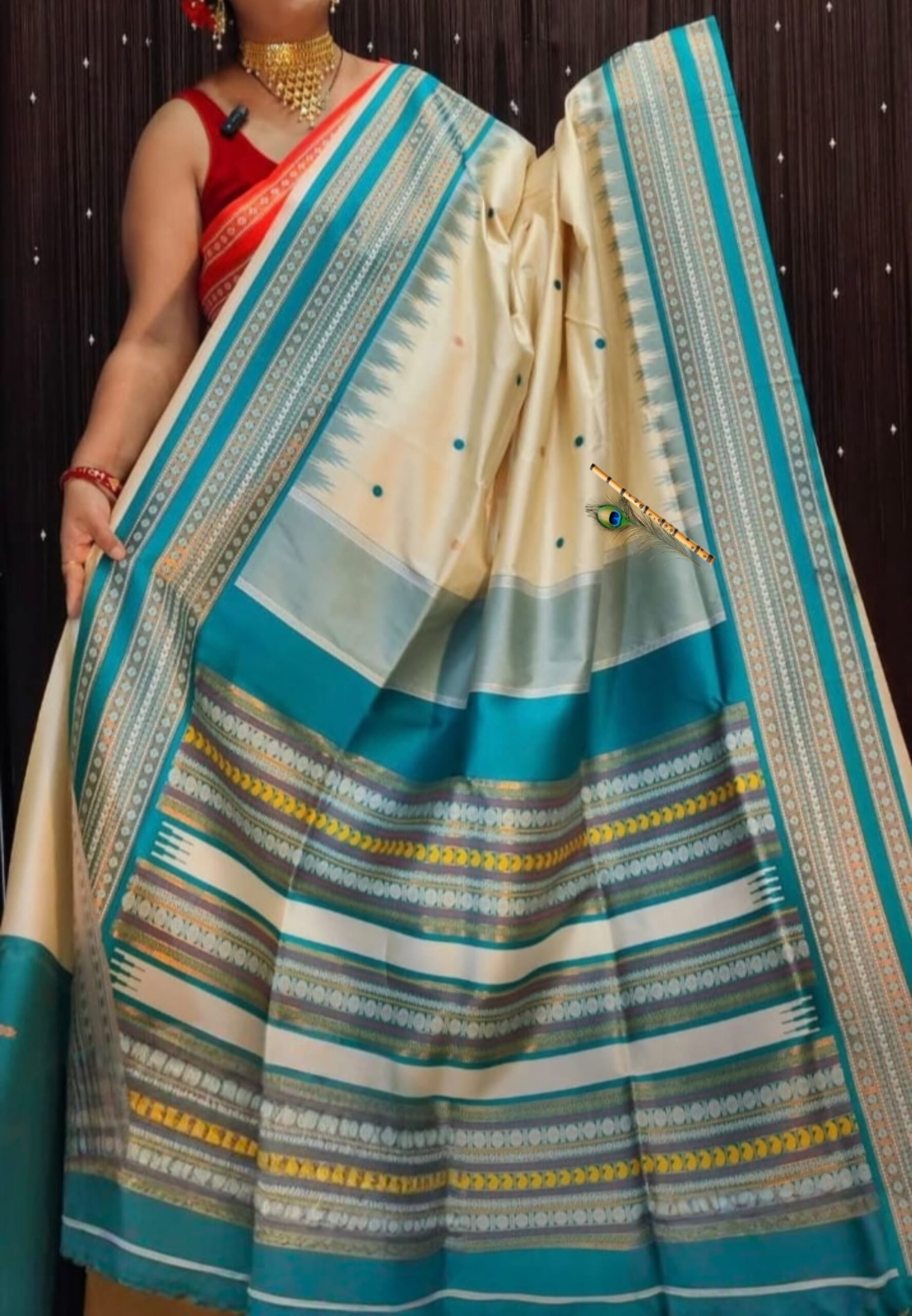 Handwoven Premium Beige Tussar Silk Saree with Elegant Teal Blue Traditional Border & Rich Ethnic Pallu | Festive & Wedding Wear | Free Size with Blouse Piece