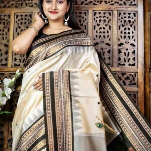 Handwoven Premium Beige Tussar Silk Saree with Black Traditional Border & Rich Ethnic Pallu | Festive & Occasion Wear | Free Size with Blouse Piece