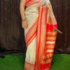 Premium Cream & Red Handwoven Tussar Silk Saree with Traditional Border & Rich Pallu | Festive & Wedding Wear | Free Size with Blouse Piece