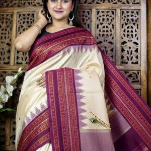 Handwoven Premium Beige Tussar Silk Saree with Royal Purple Traditional Border & Rich Ethnic Pallu | Festive & Wedding Wear | Free Size with Blouse Piece
