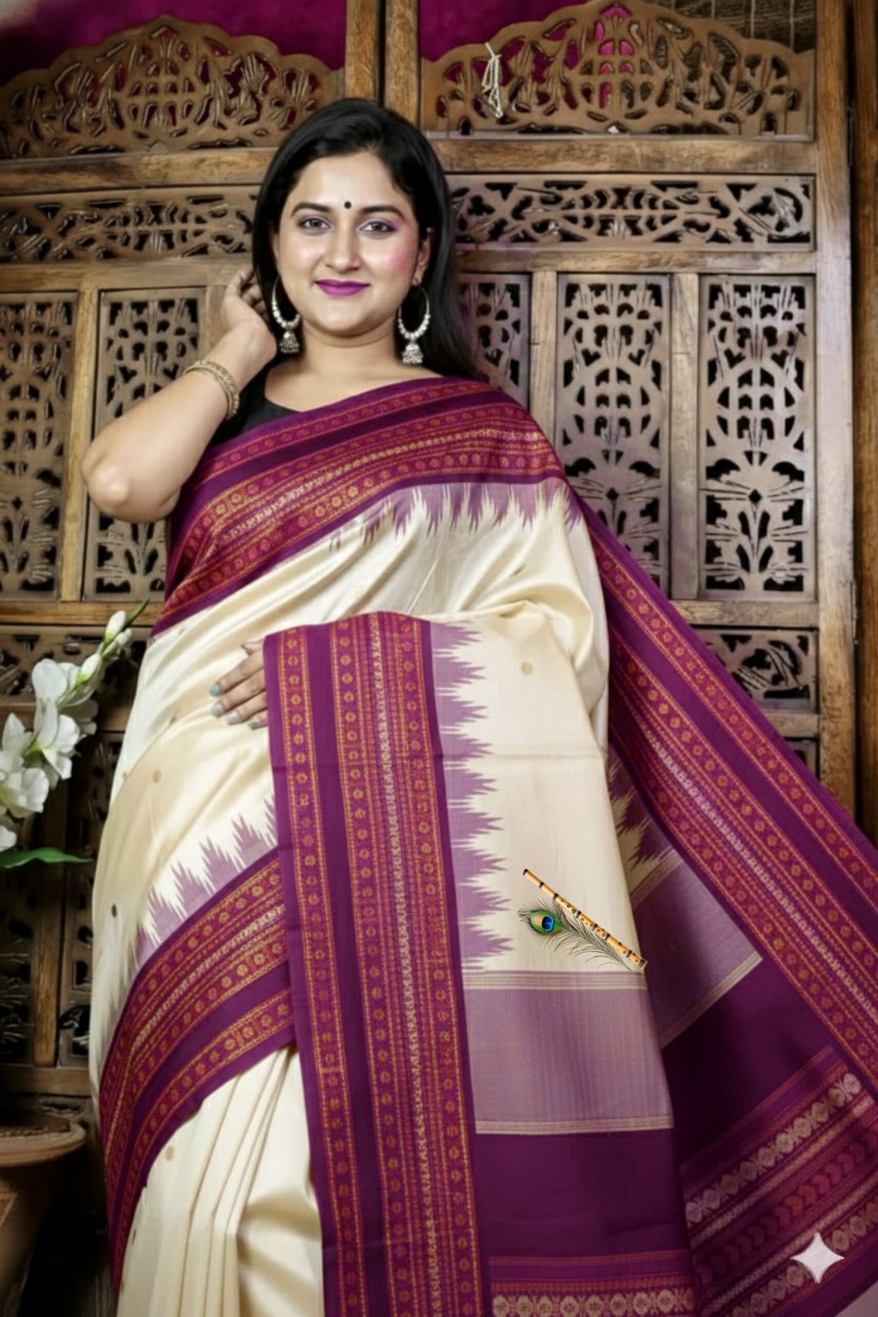 Handwoven Premium Beige Tussar Silk Saree with Royal Purple Traditional Border & Rich Ethnic Pallu | Festive & Wedding Wear | Free Size with Blouse Piece
