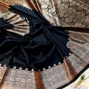 Midnight Noir Dual-Tone Satin Handcrafted Saree with Royal Antique Zari Pallu