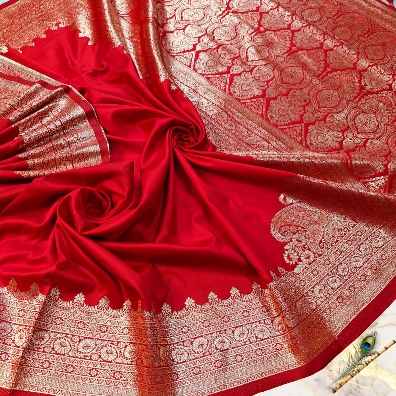 Bridal Vermilion Red Dual-Tone Satin Handcrafted Saree with Grand Zari Pallu