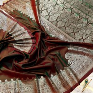 Regal Copper Green Dual-Tone Satin Handcrafted Saree with Grand Zari Pallu