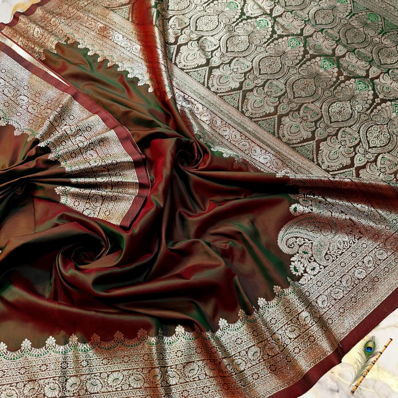 Regal Copper Green Dual-Tone Satin Handcrafted Saree with Grand Zari Pallu