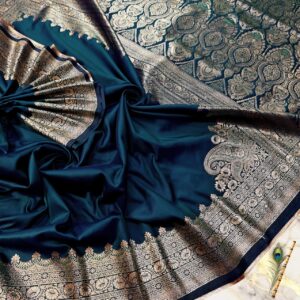 Royal Teal Blue Dual-Tone Satin Handcrafted Saree with Heritage Zari Pallu
