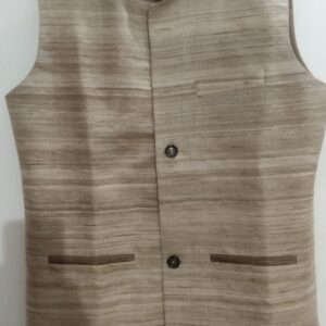 Classic Beige Tussar Silk Nehru Waistcoat for Men | Handcrafted Ethnic Jacket with Pocket Detail