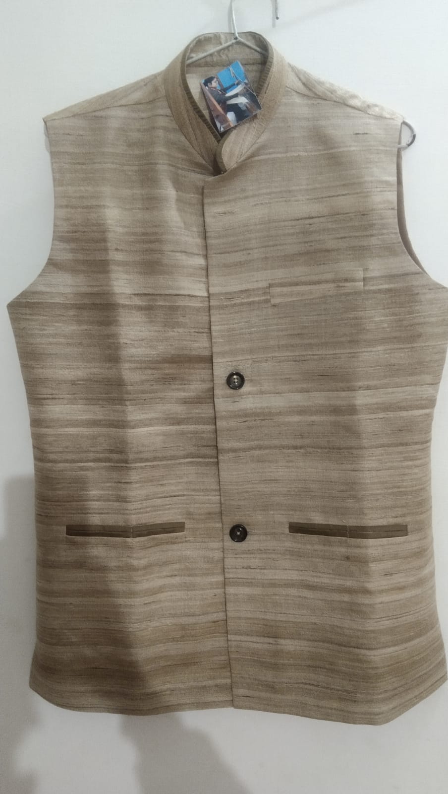 Classic Beige Tussar Silk Nehru Waistcoat for Men | Handcrafted Ethnic Jacket with Pocket Detail