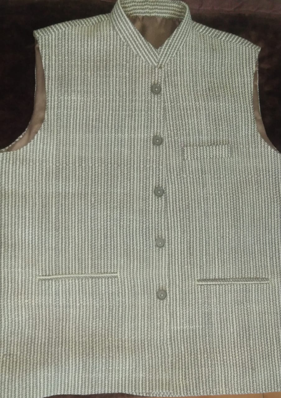 Grey Harsil Wool Handcrafted Nehru Waistcoat for Men | Textured Winter Ethnic Jacket with Pockets
