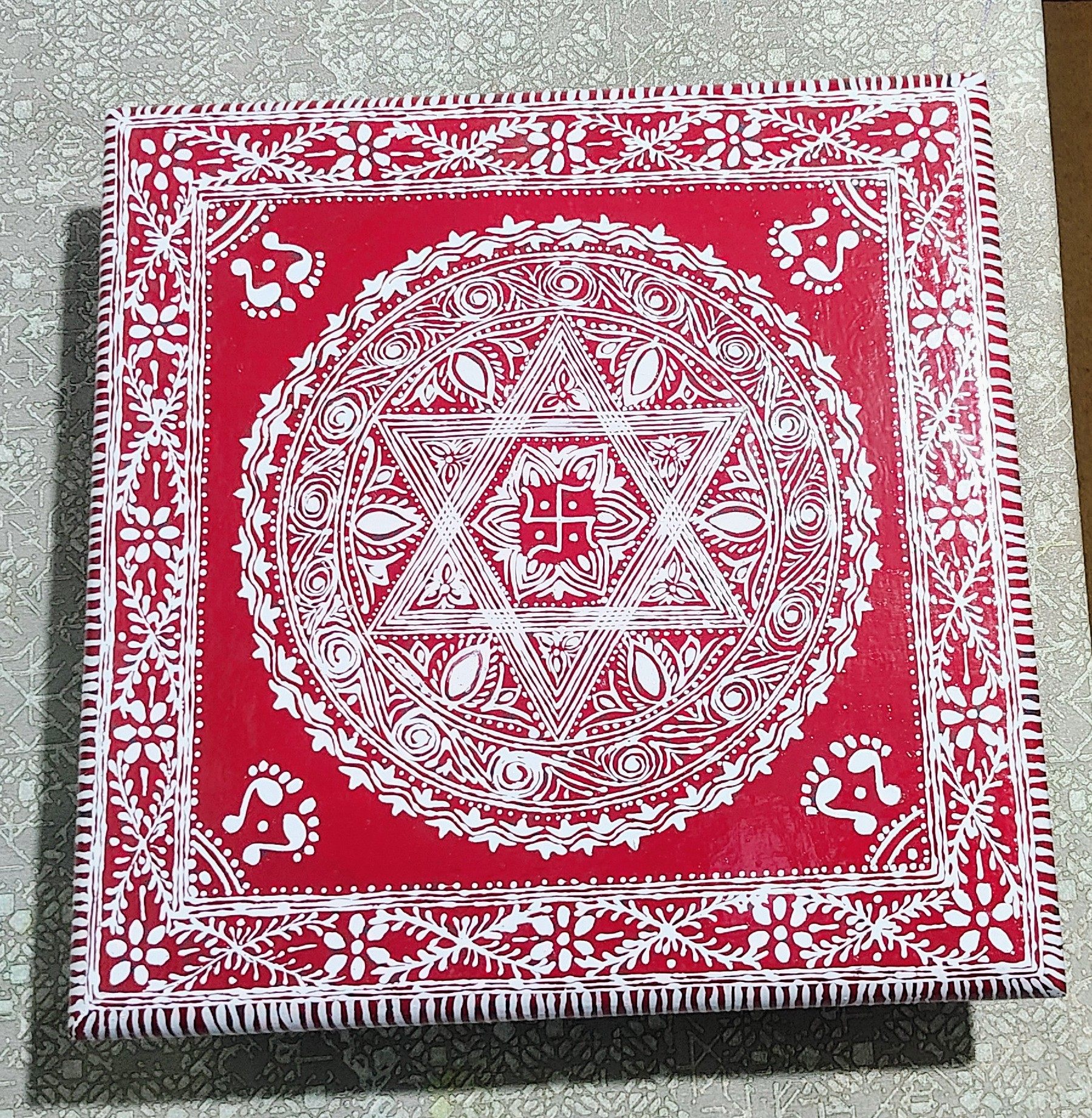 Handpainted Red & White Lakshmi Chowki (Wooden Pooja Chauki) | Mandala Art with Swastik Motif | 30x30 cm