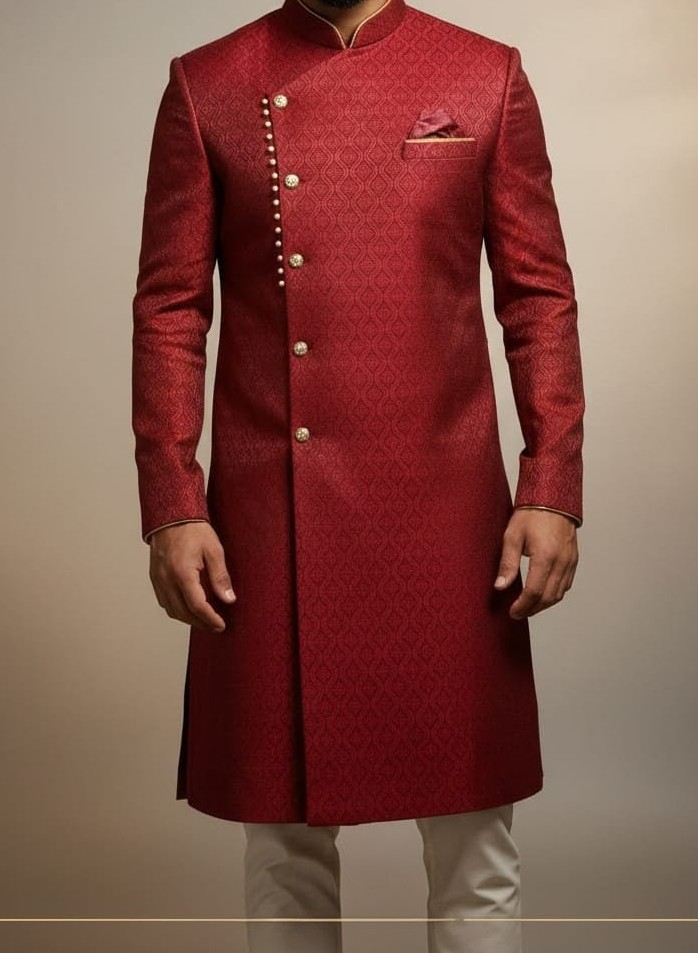 Royal Wine Indo-Western Sherwani in Pure Tussar Silk – Handcrafted Elegance