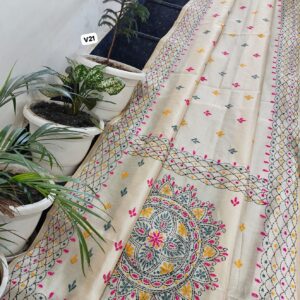 Ivory Chanderi Silk Saree with Hand Phulkari Embroidery & Mandala Pallu