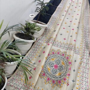 Ivory Chanderi Hand Phulkari Saree with Multicolor Floral Buti & Mandala Pallu