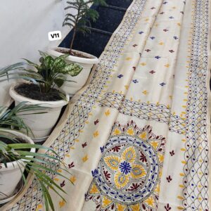 Ivory Chanderi Hand Phulkari Saree with Royal Blue & Maroon Mandala Pallu