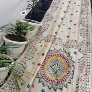 Ivory Chanderi Hand Phulkari Saree with Geometric Border & Circular Mandala Pallu