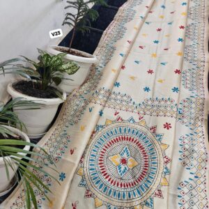Ivory Chanderi Hand Phulkari Saree with Multicolor Geometric Border & Mandala Pallu