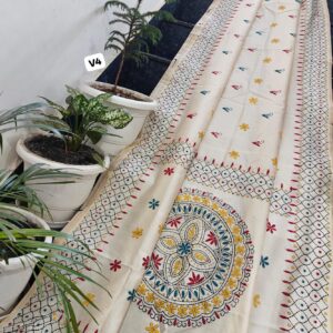 Ivory Chanderi Hand Phulkari Saree with Lattice Border & Floral Mandala Pallu