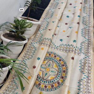 Ivory Chanderi Hand Phulkari Saree with Teal Geometric Border & Floral Mandala Pallu