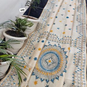Ivory Chanderi Hand Phulkari Saree with Blue–Mustard Geometric Border & Sun Mandala Pallu