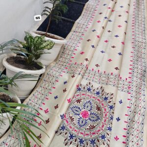 Ivory Chanderi Hand Phulkari Saree with Pink–Blue Accents & Floral Mandala Pallu