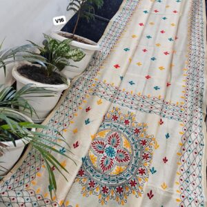 Ivory Chanderi Hand Phulkari Saree with Multicolor Buti & Heritage Mandala Pallu