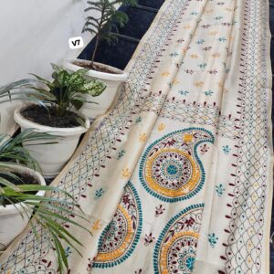 Ivory Chanderi Hand Phulkari Saree with Teal Paisley Mandala Pallu