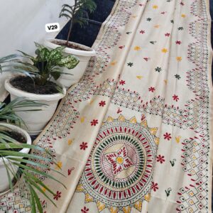 Ivory Chanderi Hand Phulkari Saree with Multicolor Floral Buti & Sun Mandala Pallu