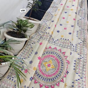 Ivory Chanderi Hand Phulkari Saree with Pink–Blue Highlights & Mandala Pallu