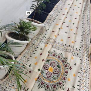 Ivory Chanderi Hand Phulkari Saree with Olive–Mustard Accents & Heritage Mandala Pallu