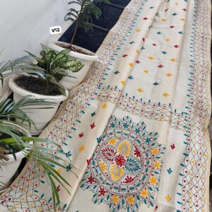 Ivory Heritage Chanderi Hand-Phulkari Saree with Multicolor Mandala Pallu