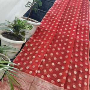 Radiant Coral Red Pure Kota Silk Saree with Handwoven Polka Dot Buti & Classic Zari Border