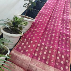 Elegant Rose Pink Pure Kota Silk Saree with Handwoven Polka Dot Buti & Soft Zari Border