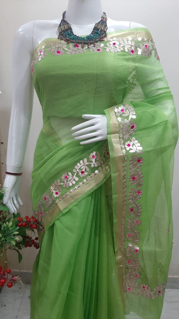 Pista Green Handcrafted Kota Doria Saree with Elegant Gota Patti Detailing