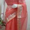 Blush Coral Handcrafted Kota Doria Saree with Intricate Gota Patti Border