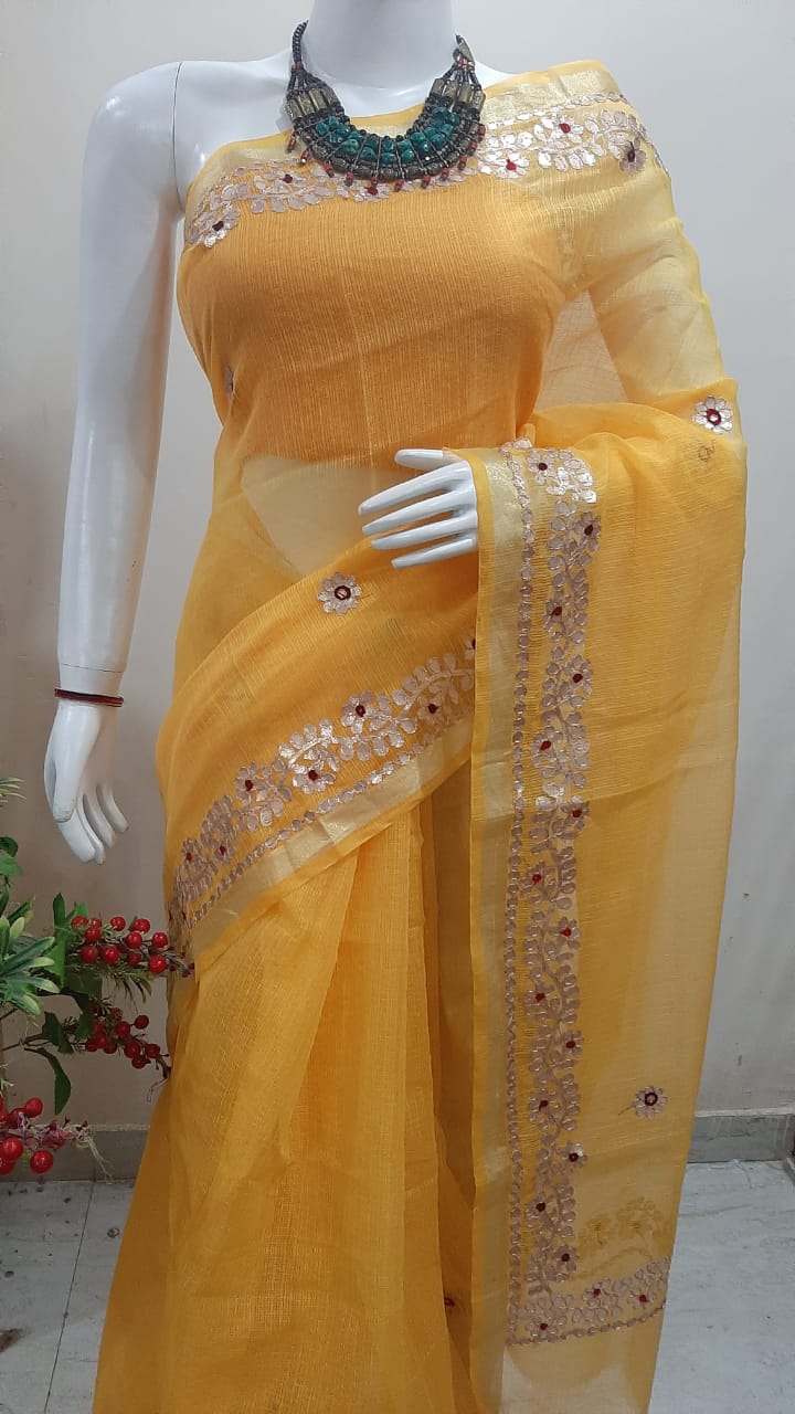 Golden Mustard Handcrafted Kota Doria Saree with Traditional Gota Patti Work