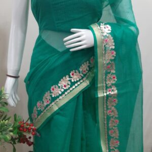 Emerald Teal Handcrafted Kota Doria Saree with Fine Gota Patti Work