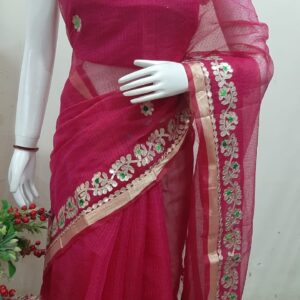 Rani Pink Handcrafted Kota Doria Saree with Traditional Gota Patti Work