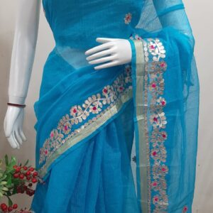 Azure Blue Handcrafted Kota Doria Saree with Elegant Gota Patti Work
