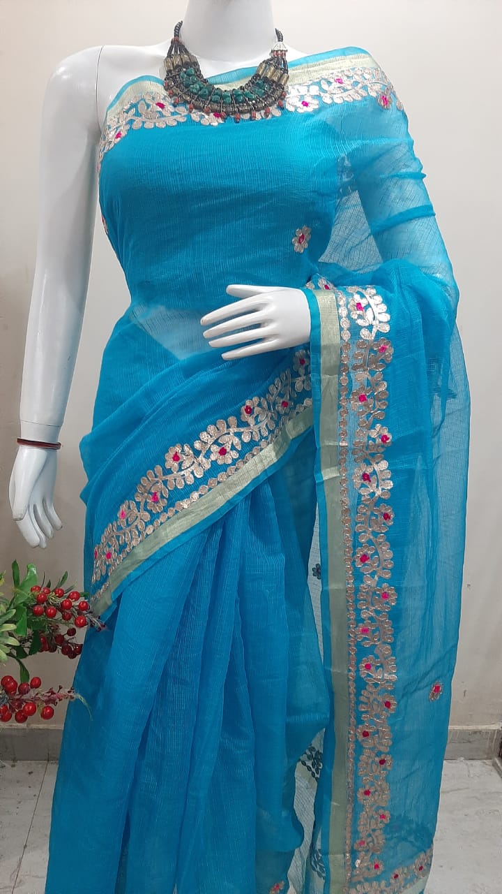 Azure Blue Handcrafted Kota Doria Saree with Elegant Gota Patti Work