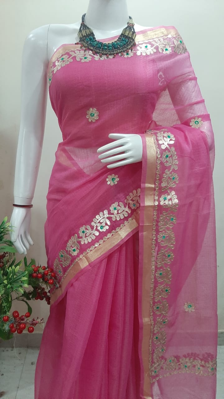 Rose Blush Handcrafted Kota Doria Saree with Fine Gota Patti Work