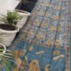 Steel Blue Maheshwari Silk Saree with Madhubani Bird Motif & Hand Katha Embroidery