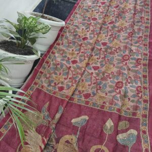 Maroon Beige Maheshwari Silk Saree with Madhubani Hand Print & Hand Katha Work