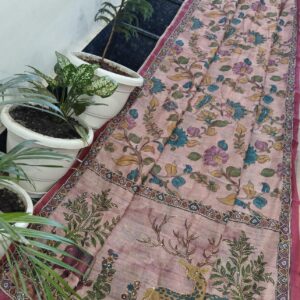 Dusty Rose Maheshwari Silk Saree with Madhubani Deer Motif & Hand Katha Work