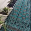 Teal Blue Maheshwari Silk Saree with Madhubani Hand Print & Hand Katha Embroidery