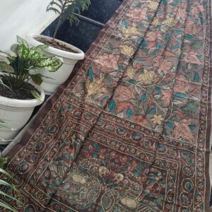 Coffee Brown Maheshwari Silk Saree with Floral Madhubani Hand Print & Peacock Pallu